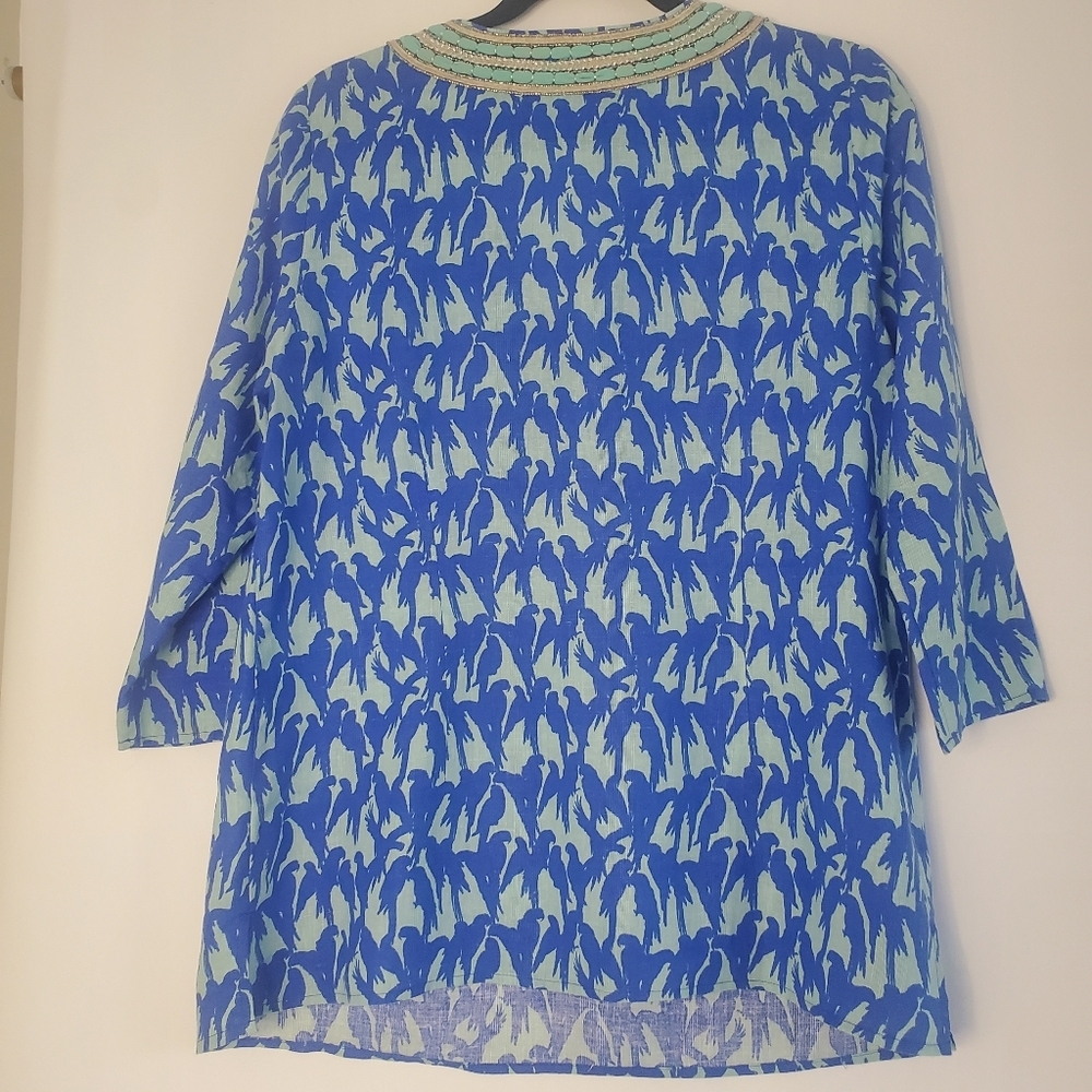 Vineyard Vines Sz S linen/viscose embroidered neck "PARROT"🦜 print c-up blouse - Picture 6 of 10